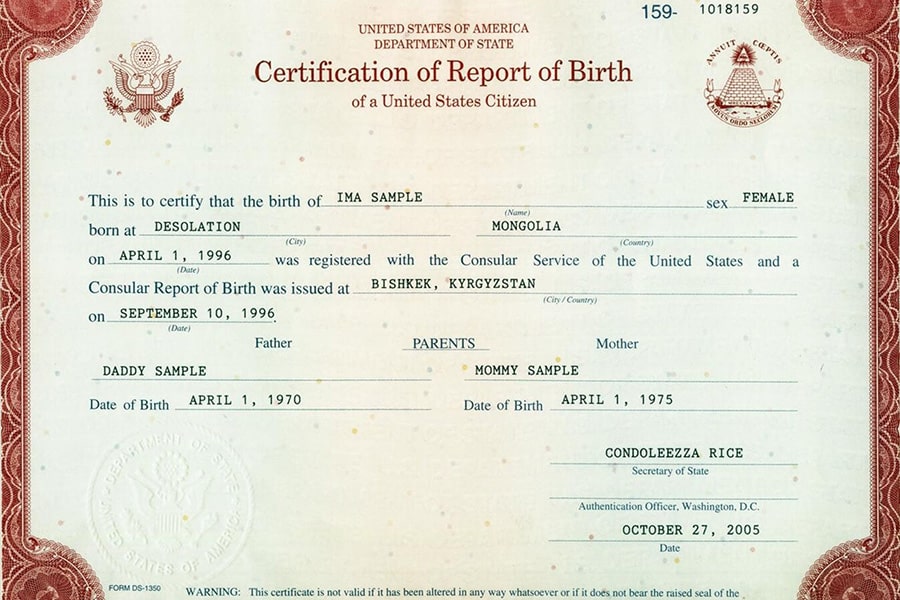 Birth Report Certificate from the Ministry of Foreign Affairs, issued between 1990 and 2010