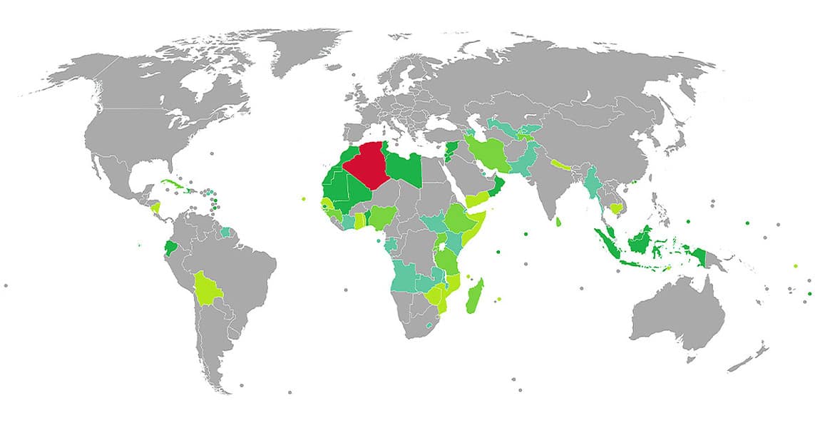 خريطة الدول التي لا تحتاج فيزا للجزائريين