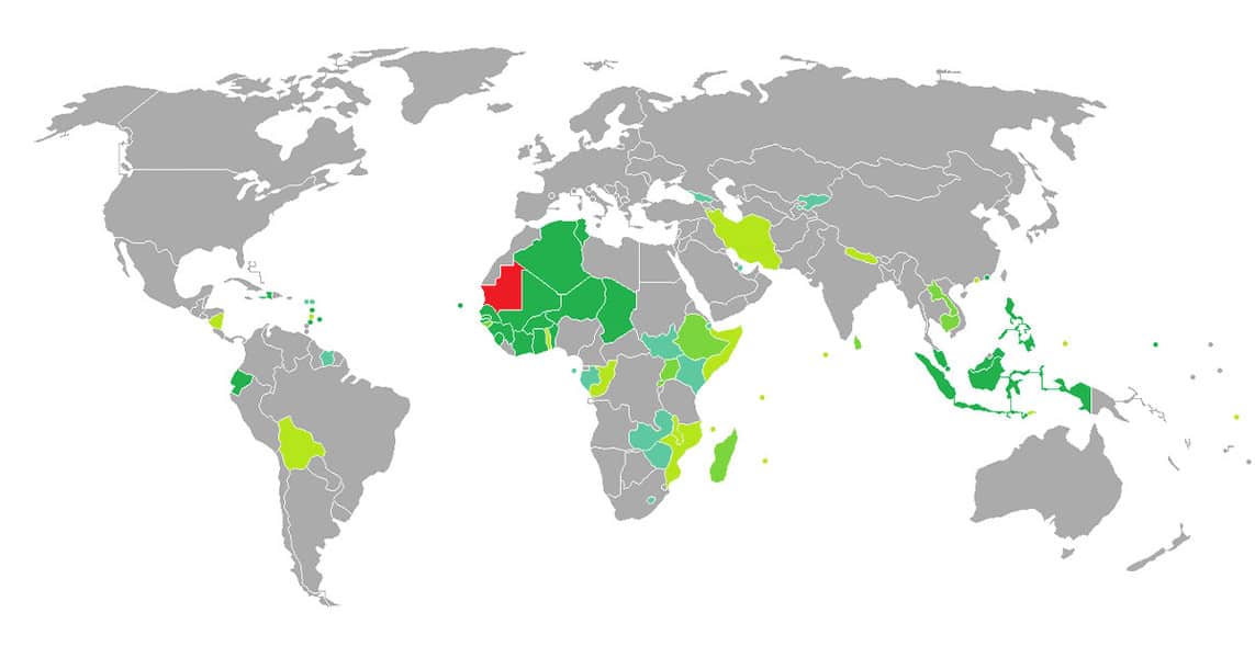 خريطة الدول التي لا تحتاج فيزا للموريتانيين
