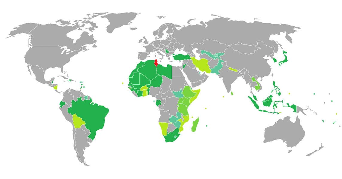 خريطة الدول التي لا تحتاج فيزا للتونسيين